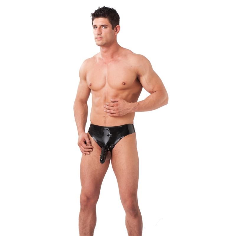 Latex Play latex slip met penishoes (zwart)