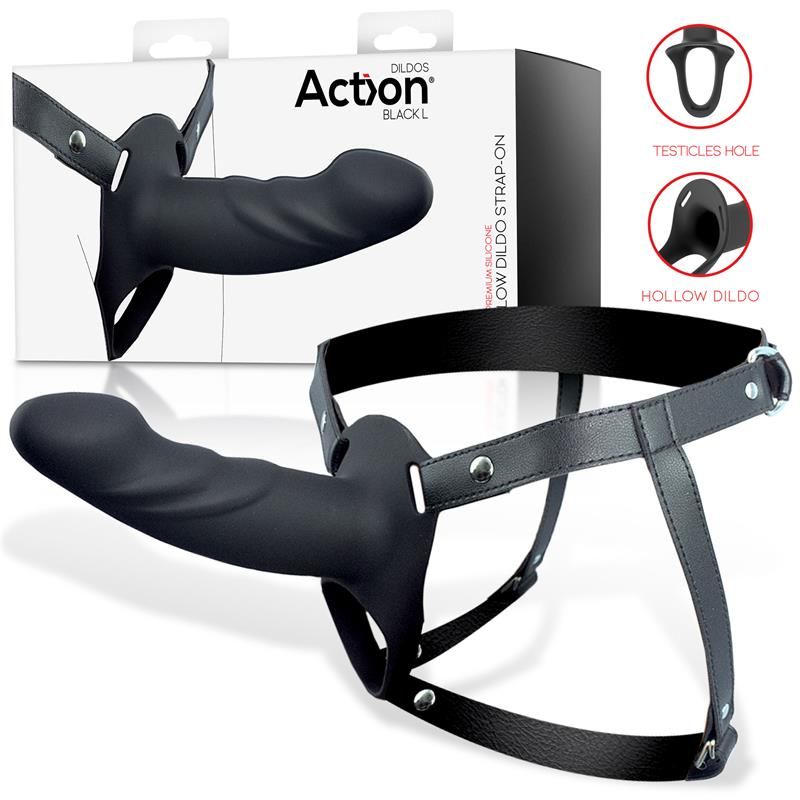 Action strap-on met holle dildo, 5-6,5 cm dik (zwart)