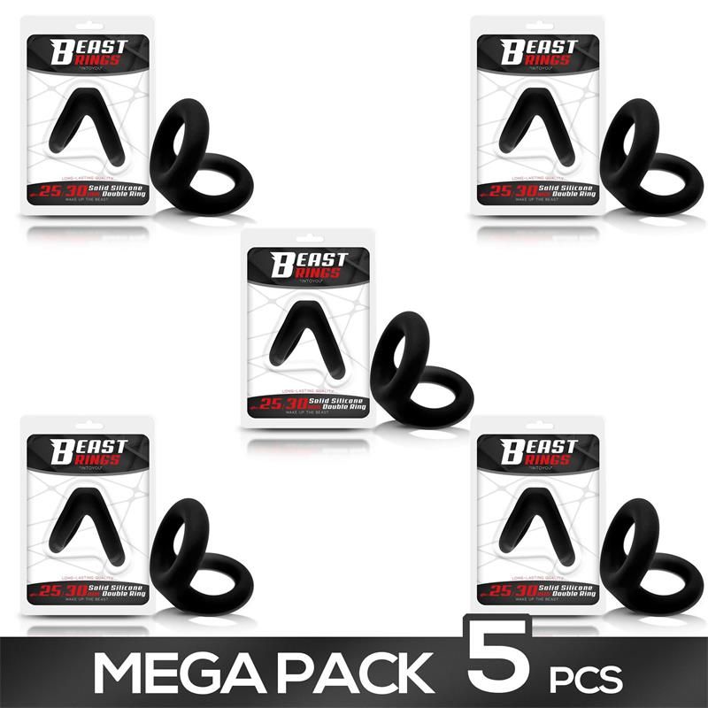 Beast Rings set van 5 massieve siliconen dubbele penisringen 2,5-3 cm