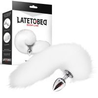 LateToBed metalen buttplug met vossenstaart, velvet touch 40 cm (wit), afbeelding 3