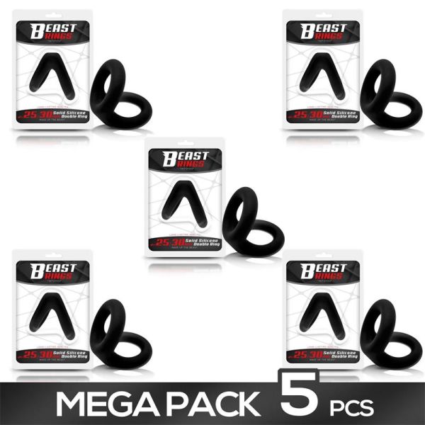 Beast Rings set van 5 massieve siliconen dubbele penisringen 2,5-3 cm