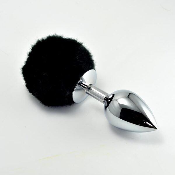 Metalen Buttplug met Zwart Pompon Maat S